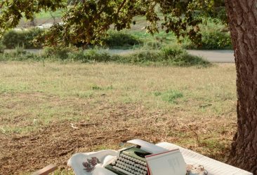 outdoor table and chairs with typewriter and journal under a tree